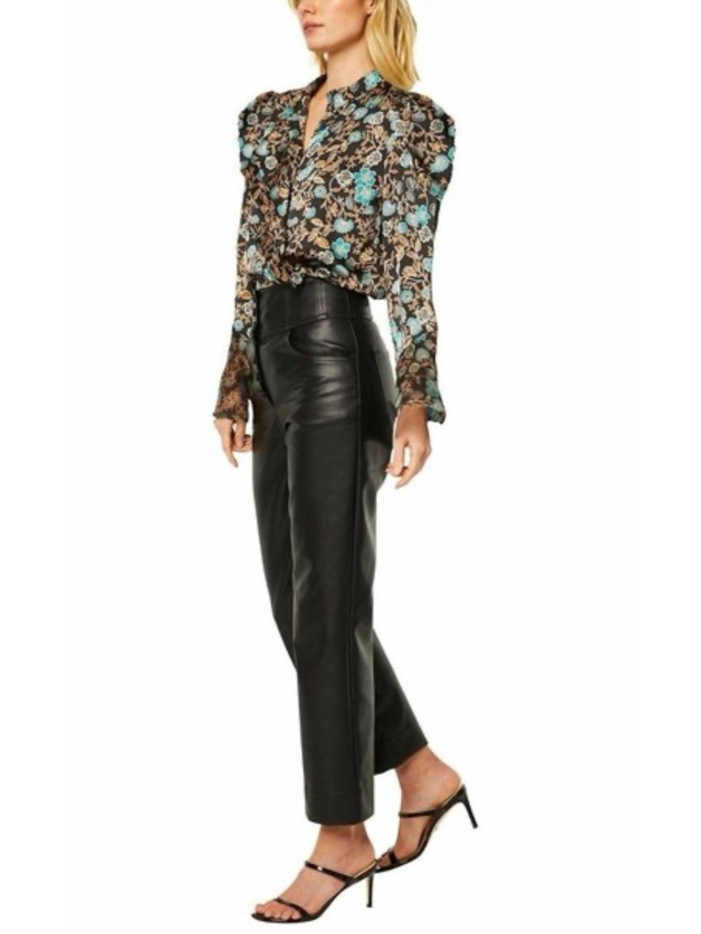 Misa Floral Print Ruffle Blouse in Turquoise and Brown ✨